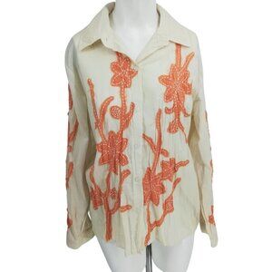 St Tropez West Button Up Embroidered Long Sleeve Shirt Size M Floral Beach